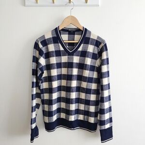 Club Monaco 100% Wool Buffalo Plaid V-Neck Sweater XS Navy Ivory Check Pullover